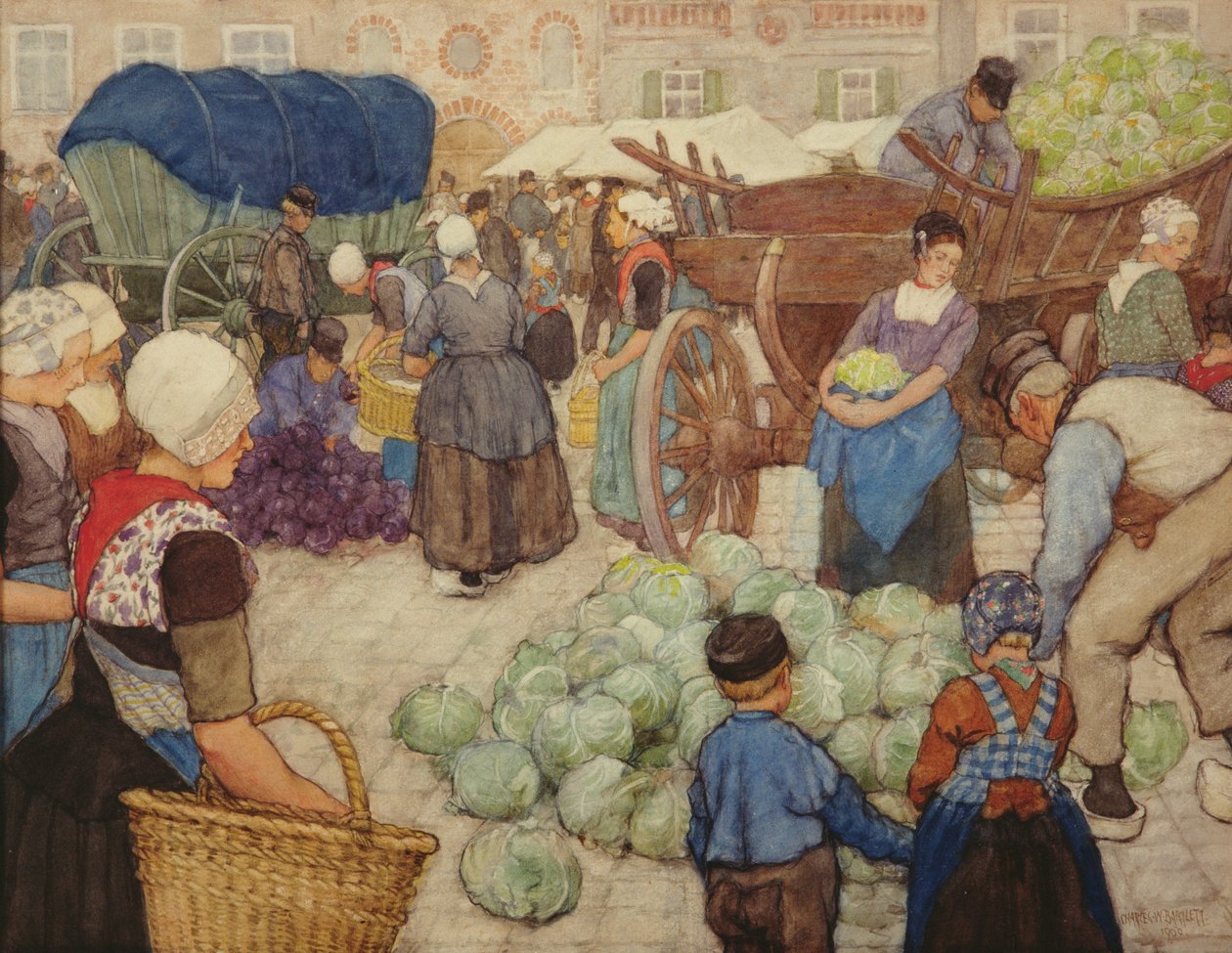 Um mercado verde, os vendedores de repolho, 1900 (wc no papel) de Charles William Bartlett