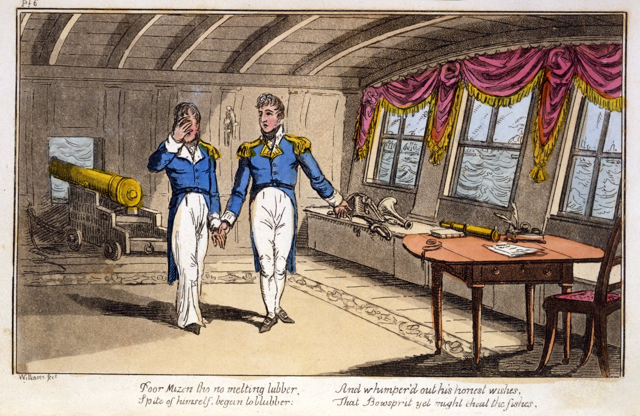 Pobre Mizen, tho &39;no lubber melting ... de The Adventures of a Post Capitão, por um oficial da Marinha, pub. 1820 (aquatinta colorida à mão) de Charles Williams