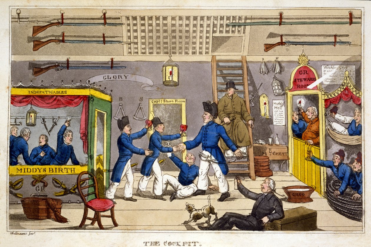 O Cockpit, prato de "As Aventuras de Johnny Newcome na Marinha", de John Mitford, 1818 (aquatinta colorido à mão) de Charles Williams