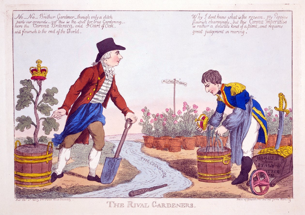 The Rival Gardeners, pub. 1803 (gravura colorida à mão) de Charles Williams