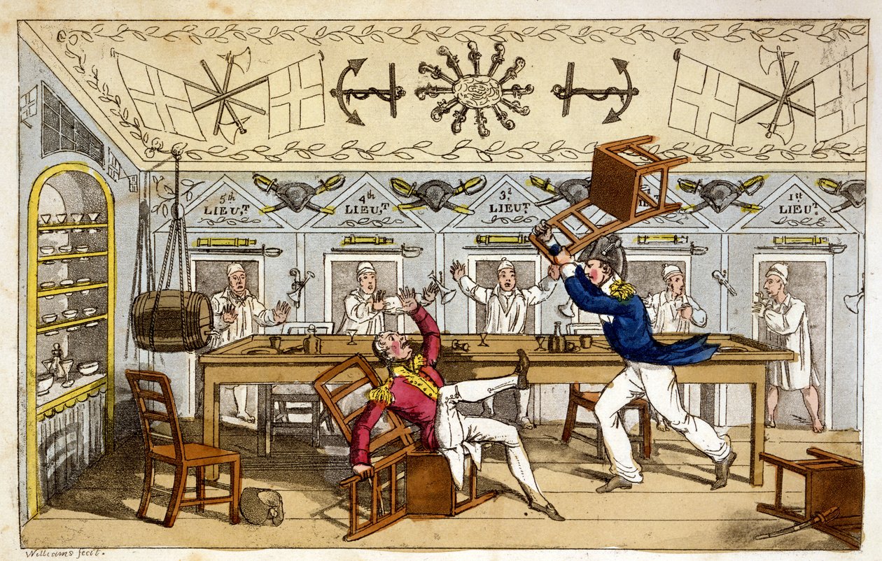 The Ward Room: Newcome e Capt. Clackett, de "As Aventuras de Johnny Newcome na Marinha", de John Mitford, 1818 (aquatinta colorida à mão) de Charles Williams