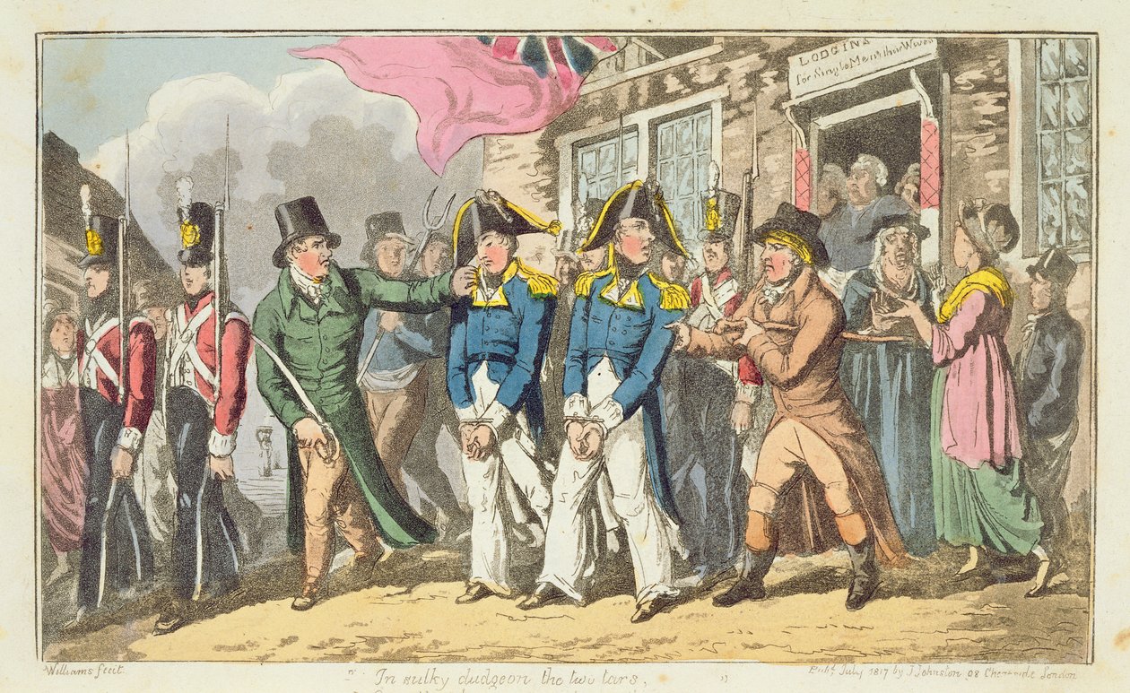 Dois oficiais navais sendo enviados para a prisão, placa de "As aventuras de Johnny Newcome na Marinha" por John Mitford (1782-1831) 1818 de Charles Williams