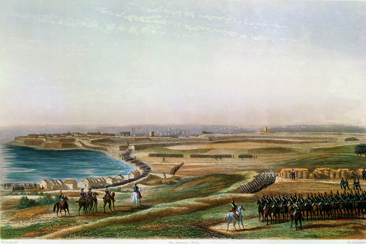 A tomada de Gaeta, 19 de julho de 1806 (gravura a cores) de Charles de Lalaisse
