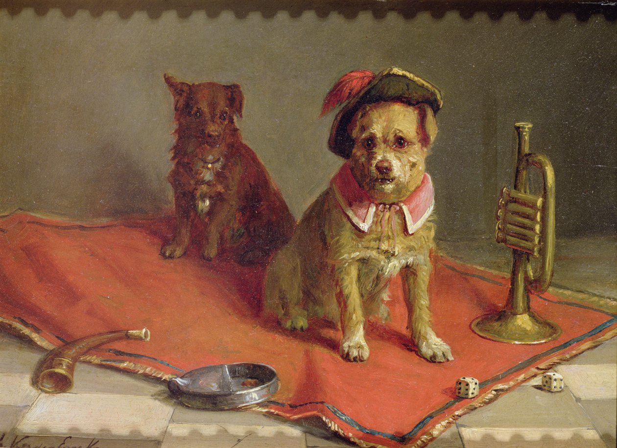 Cão no chapéu militar e colarinho com trompete e dados de Charles van den Eycken