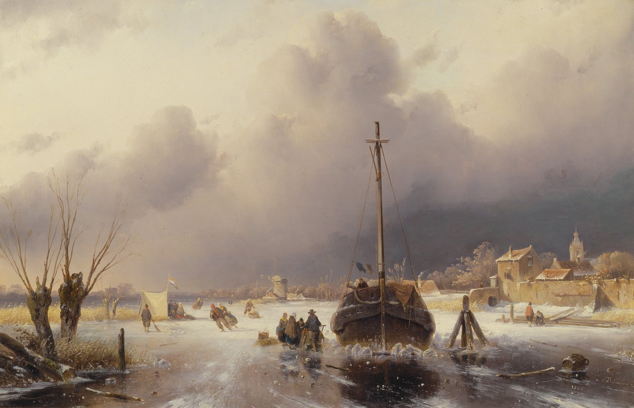 Rio congelado com um barco, século XIX de Charles Henri Joseph Leickert
