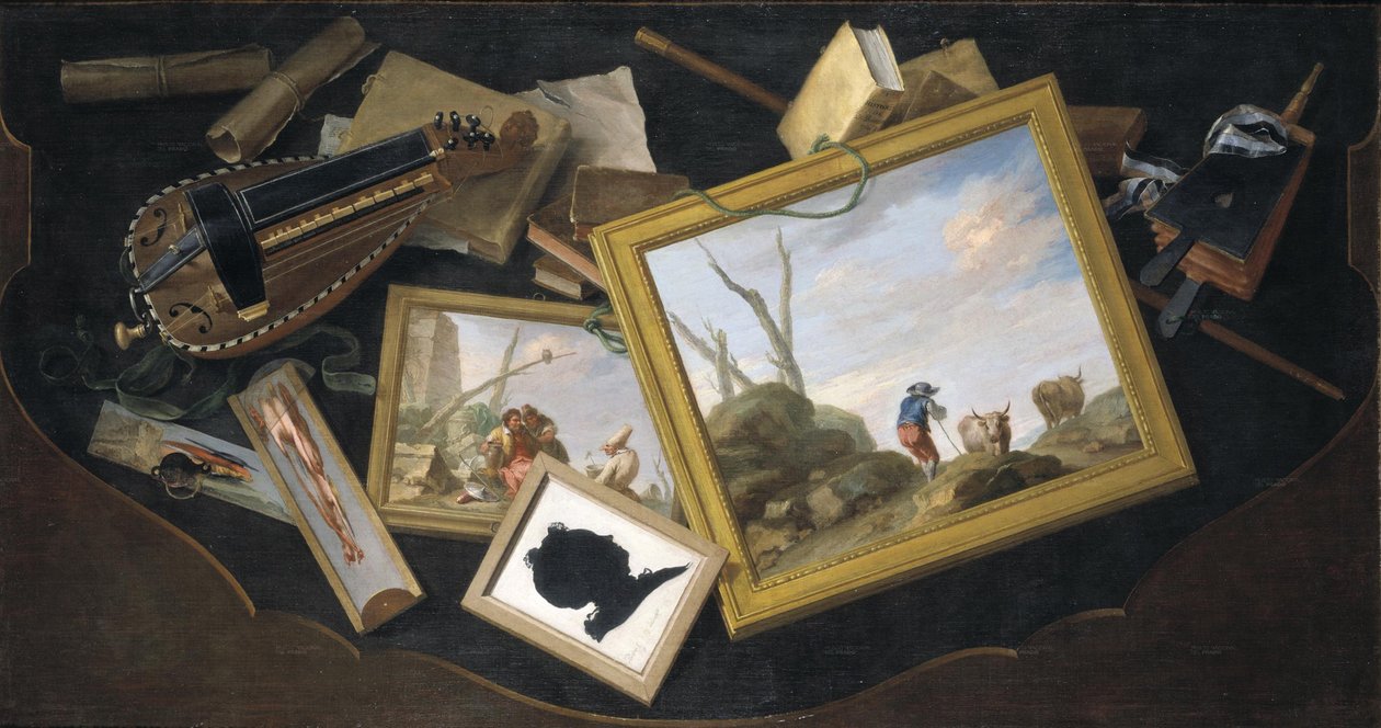 Mesa repleta de pinturas, hurdy-gurdy, livros e outros objectos de trompe l