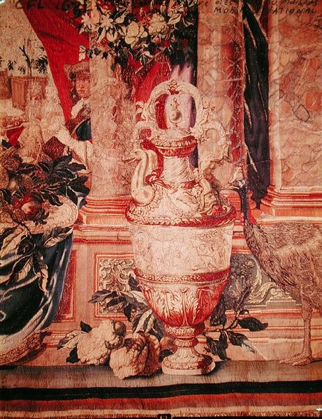 O Mês de Janeiro, da série de tapeçarias &39;Les Maisons Royales&39;, produzida na Oficina Gobelins para Luís XIV (tapeçaria) (pormenor de 391182) de Charles (after) Le Brun