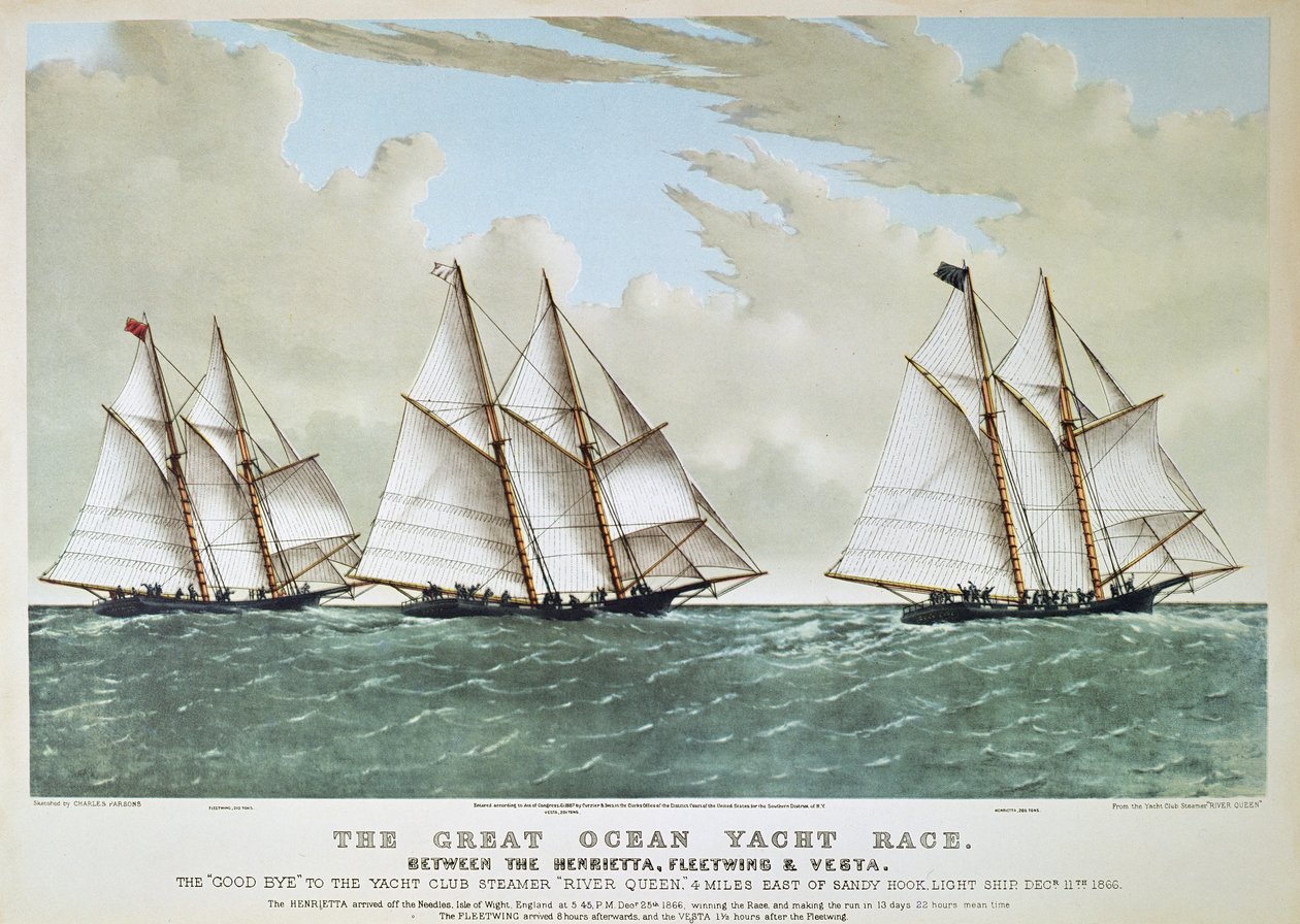 Great Ocean Yacht Race de 1866 entre a Henrietta, Vesta & Fleetwing, publicado por Currier & Ives de Charles (after) Parsons