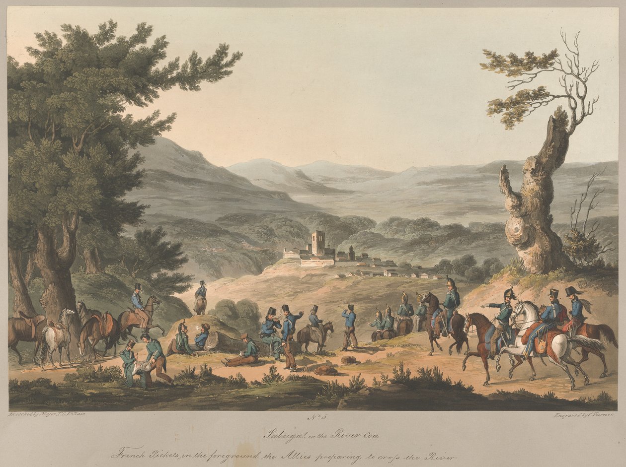 N.º 5. Sabugal sobre o rio Coa piquetes franceses em primeiro plano os Aliados preparam-se para atravessar o rio de Charles (after) Turner