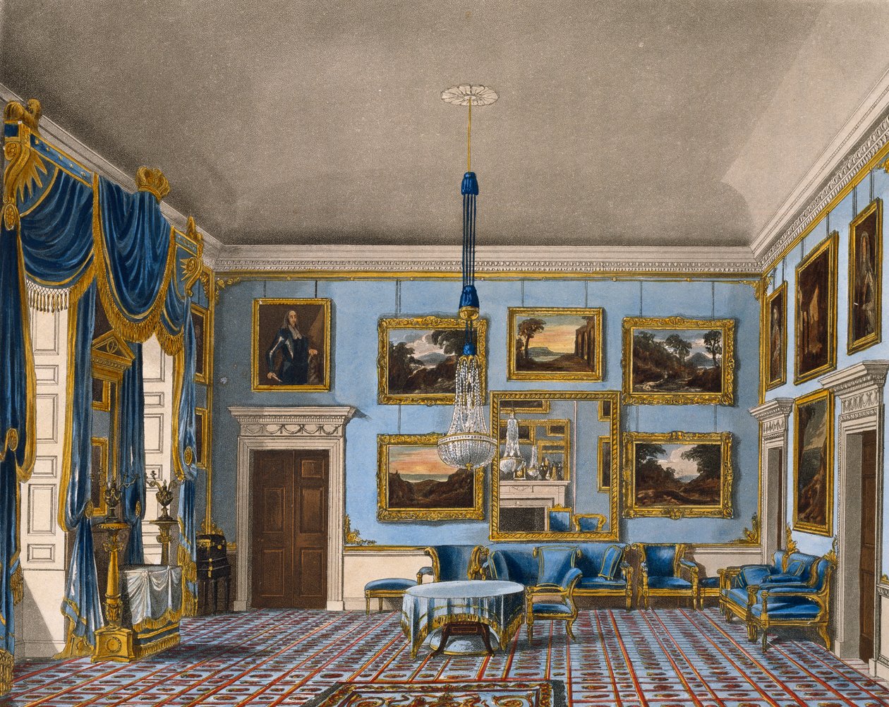 Salão de veludo azul, Gravura de Daniel Havell (1785-1826), Baseado no desenho de Charles Wild (1781-1835), From The History of the Royal Residences de Charles (after) Wild