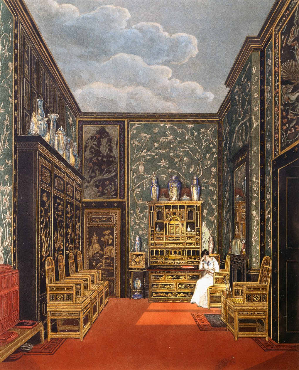 Sala de Retiro Verde, Gravura de William James Bennett (1787-1844), Baseado no desenho de Charles Wild (1781-1835), From The History of the Royal Residences de Charles (after) Wild