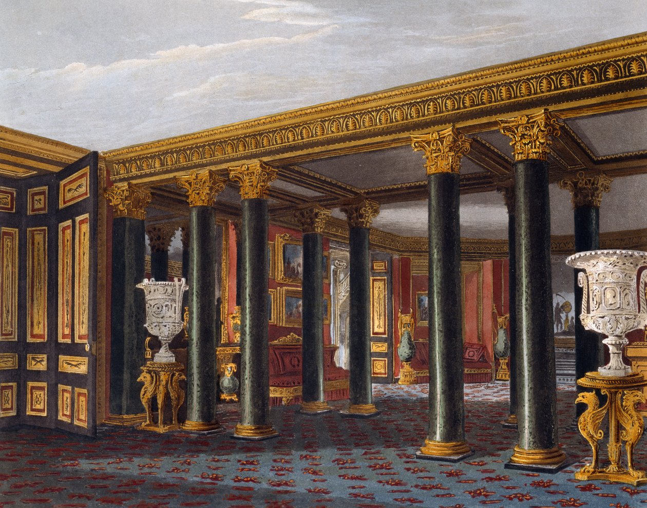 Vestíbulo inferior, Gravura de Richard Reeve (nascido em 1780), Baseado no desenho de Charles Wild (1781-1835), From The History of the Royal Residences de Charles (after) Wild