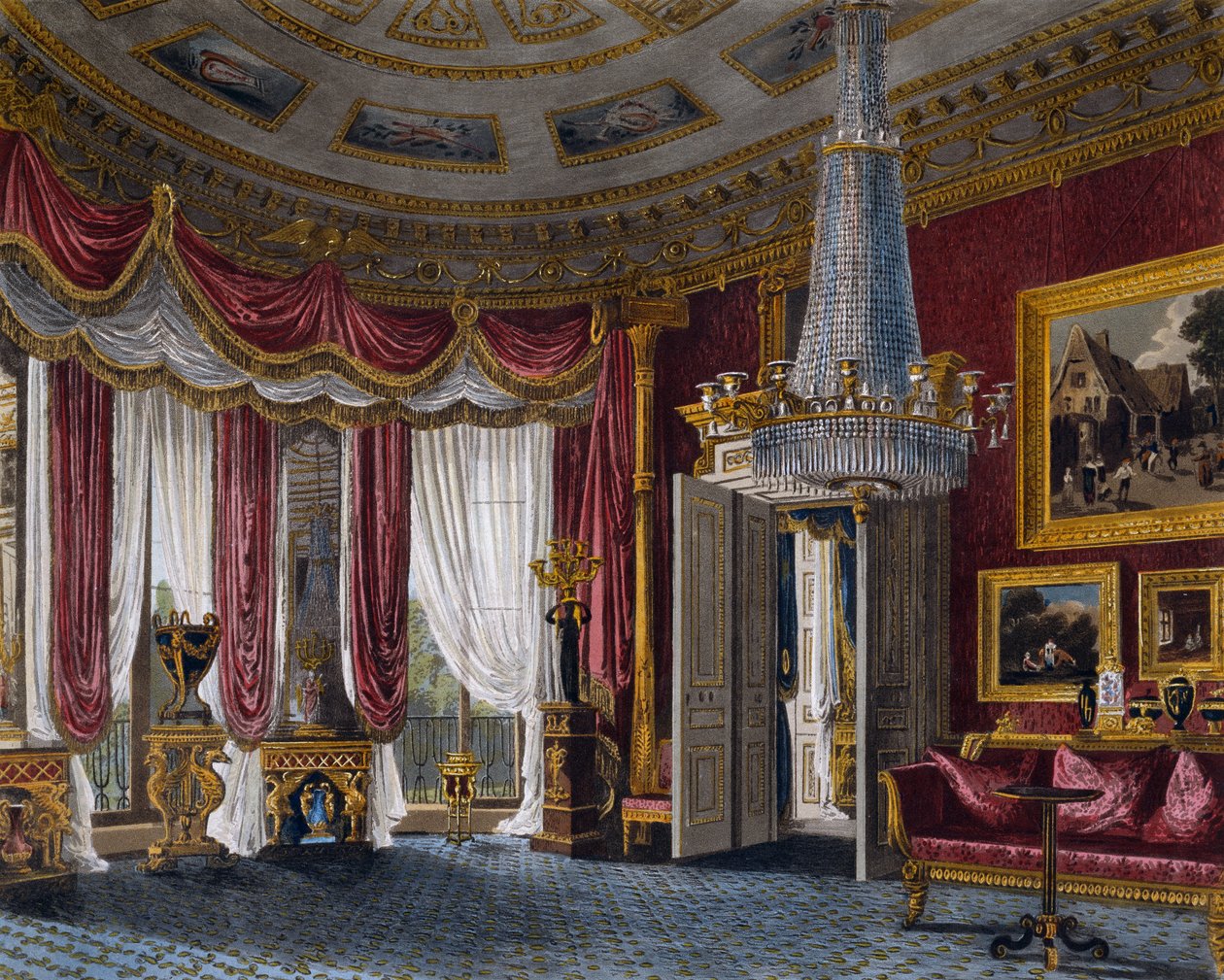 Pink satin drawing room, Engraving by Richard Reeve (nascido em 1780), Based on design by Charles Wild (1781-1835), From The History of the Royal Residences de Charles (after) Wild