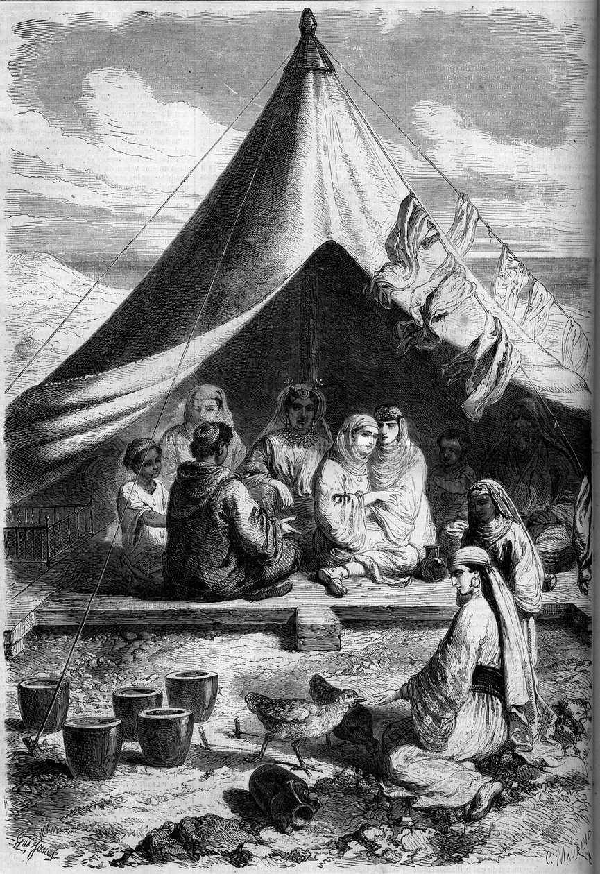Família judia de Marrocos refugia-se na costa de Gibraltar em 1860. De acordo com o sketch do Sr. Yriarte. Gravura em "Le Monde Illustré" n°146 de 28 de Janeiro de 1860. de Charles (after) Yriarte