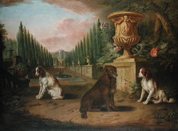Três espanhóis em um jardim formal, c.1730 (óleo sobre tela) de Charles (and Studio) Collins