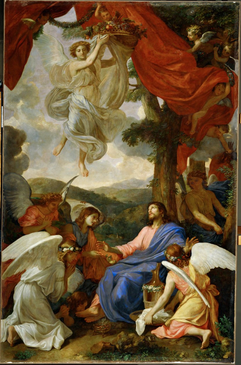 Le Christ au desert servi par les anges - Cristo no deserto, servido pelos anjos ... de Charles (attr. to) Le Brun