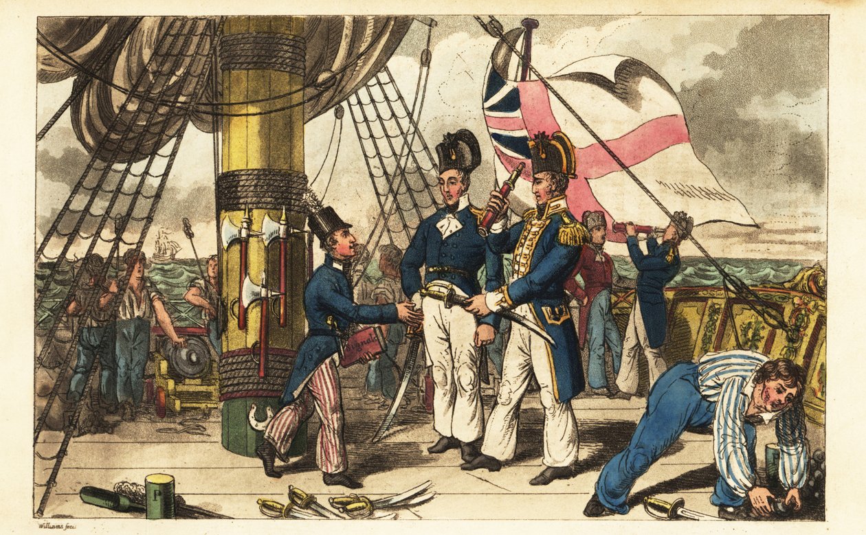 Capitão Spring faz do Midshipman Newcome o seu ajudante de campo e entrega-lhe a sua espada no quarterdeck do HMS Victory de Charles (c.1797 1850) (after) Williams