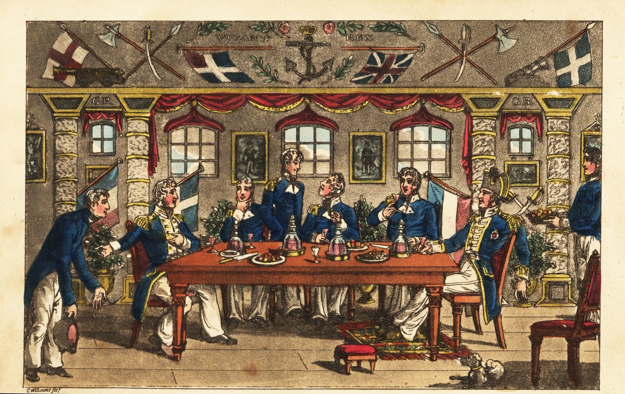 Midshipman Newcome faz vénia enquanto deixa o jantar na cabine do capitão, HMS Victory de Charles (c.1797 1850) (after) Williams