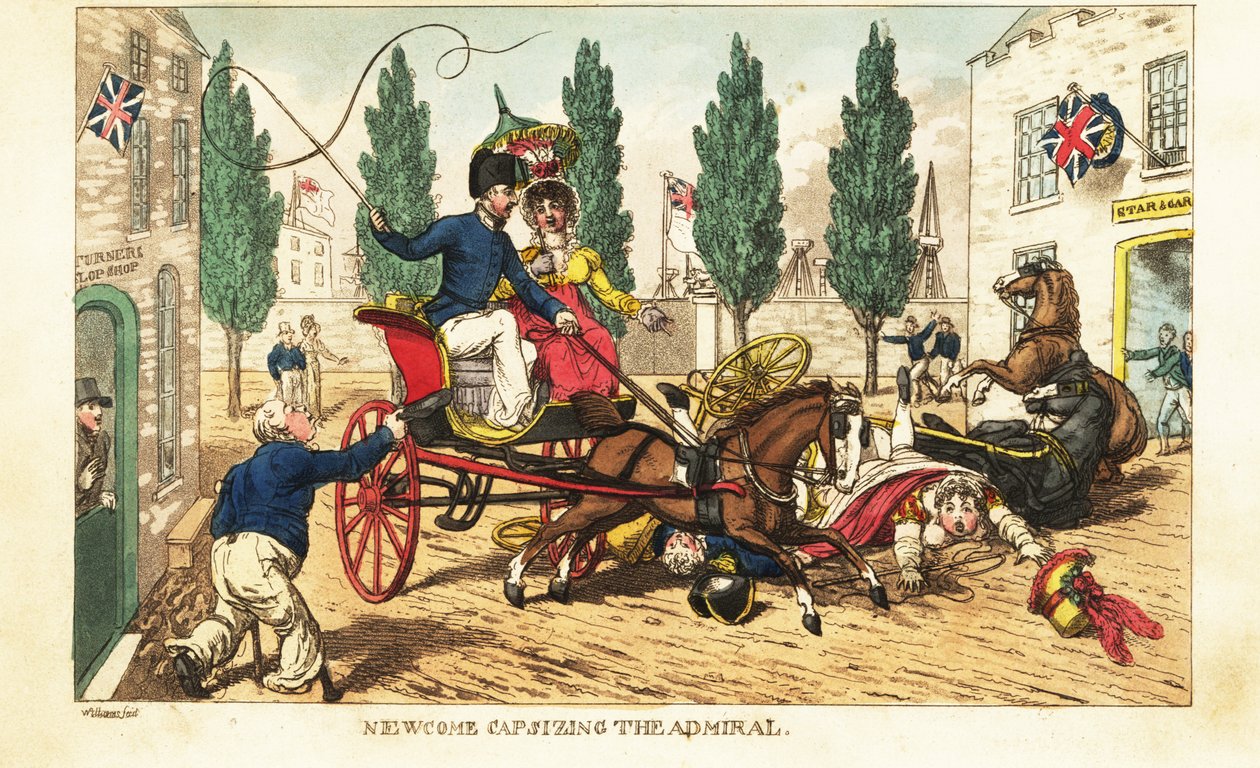 O Midshipman Newcome faz o seu trabalho na carruagem de dois cavalos do Almirante em Gosport. de Charles (c.1797 1850) (after) Williams