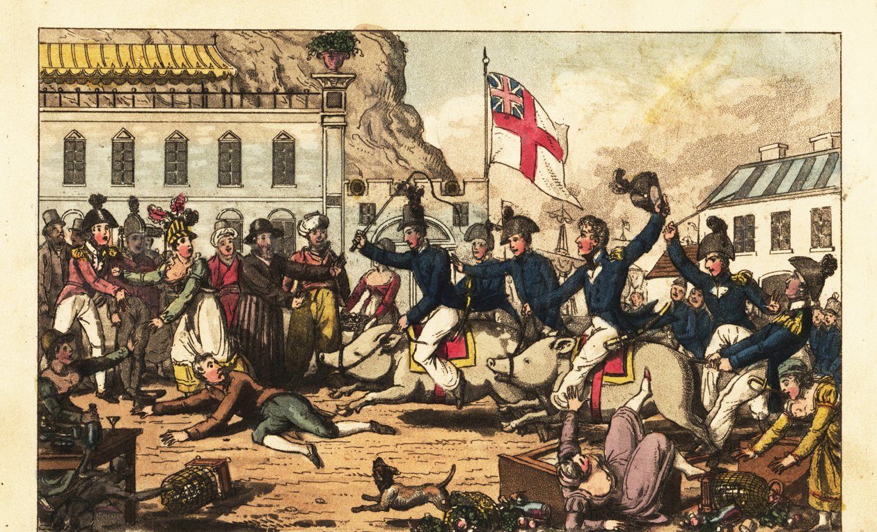 Oficiais navais reais montando porcos em selas através do mercado em Gibraltar de Charles (c.1797 1850) (after) Williams