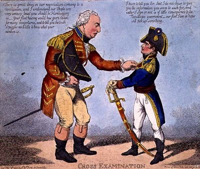 "Cross Examination", publicado em 8 de Fevereiro de 1802 (cor litho) de Charles (fl.c.1797 1850) Williams
