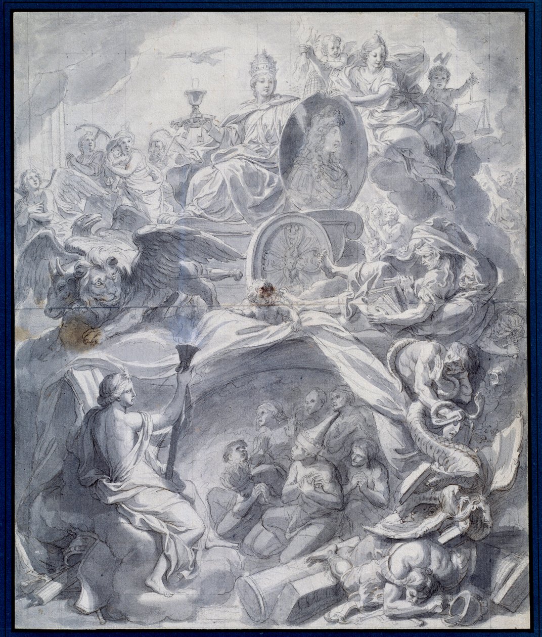 Alegoria: "A Igreja Vitoriosa de Heresie ou o Triunfo da Religião" Desenho de uma guache e a lavagem da oficina de Charles Lebrun (Le Brun) (1619-1690) Paris do século XVII, Musee du Louvre de Charles (studio of ) Le Brun