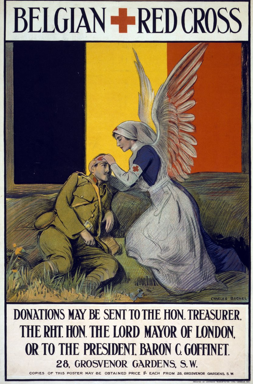 Cartaz de angariação de fundos para a Cruz Vermelha Belga, pub. 1914-18 (lito colorido) de Charles A. Buchel
