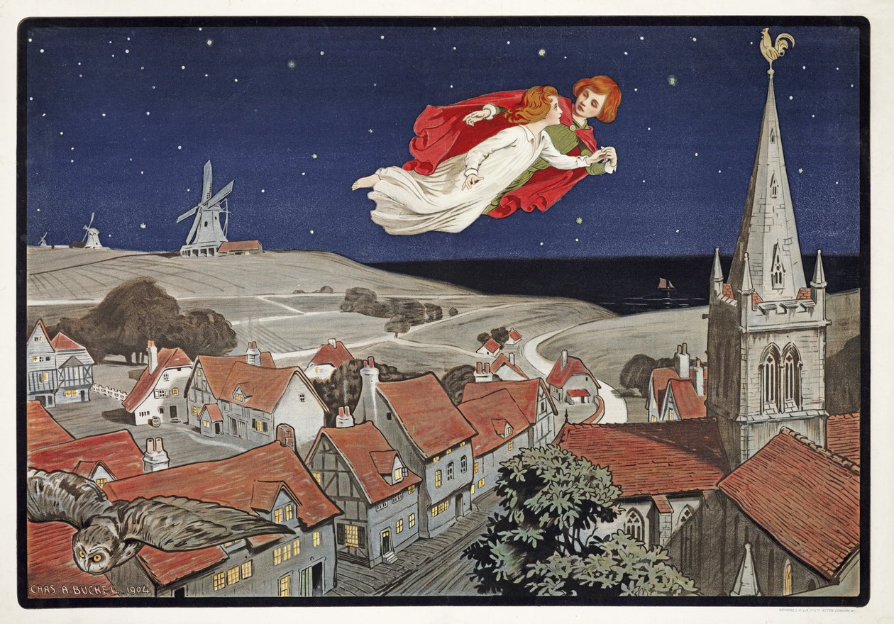 Peter e Wendy voando de Peter Pan por J M Barrie (1860 - 1937), pub.1904 (lito colorido) de Charles A. Buchel