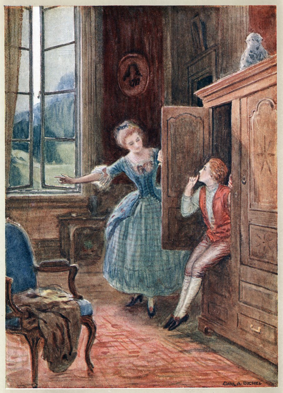Cena da ópera de Mozart "O Casamento de Figaro". (Le Nozze di Figaro), ópera cómica (ópera buffa) com libreto de Lorenzo da Ponte (1749-1838) depois de Beaumarchais, estreada em l de Maio de 1786 no Burgtheater, Viena. de Charles A. Buchel