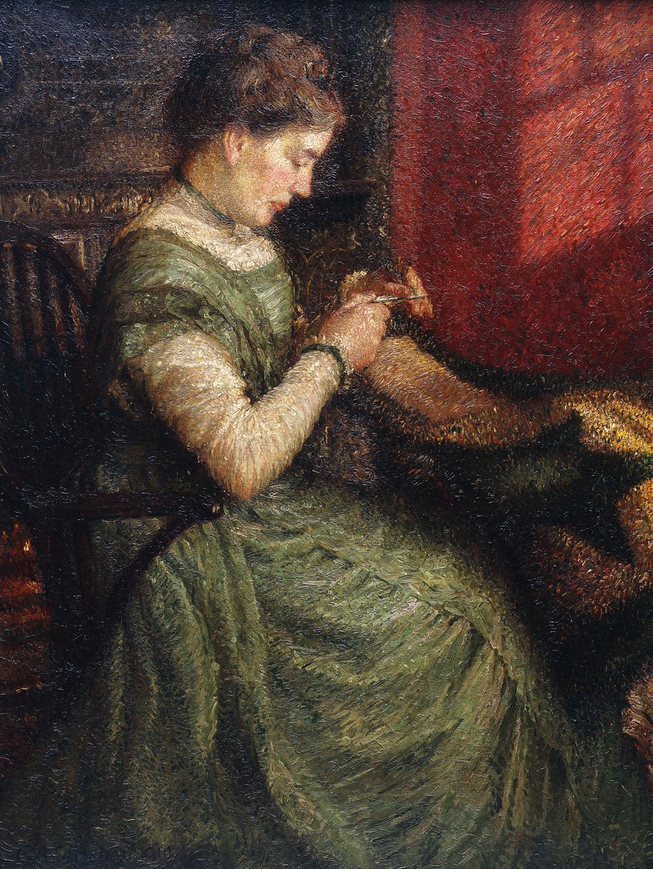Retrato de uma senhora sentada em uma poltrona costurando de Charles A. Sheehan