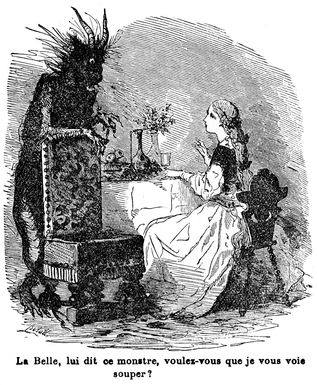 Ilustração para o conto da Sra. Jeanne Marie Leprince de Beaumont “A Bela e a Bete”, século XIX de Charles Albert dArnoux Bertall
