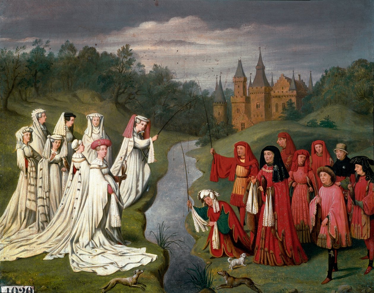 Nove príncipes e oito princesas da Casa de Borgonha de Filipe o Hardi a Carlos o Temerário, caçando um falcão ou pescando uma linha no parque de um castelo Pintura de Charles Alexandre (Charles-Alexandre) Debacq (1804-1850), depois de Jan Van Eyck de Charles Alexandre Debacq