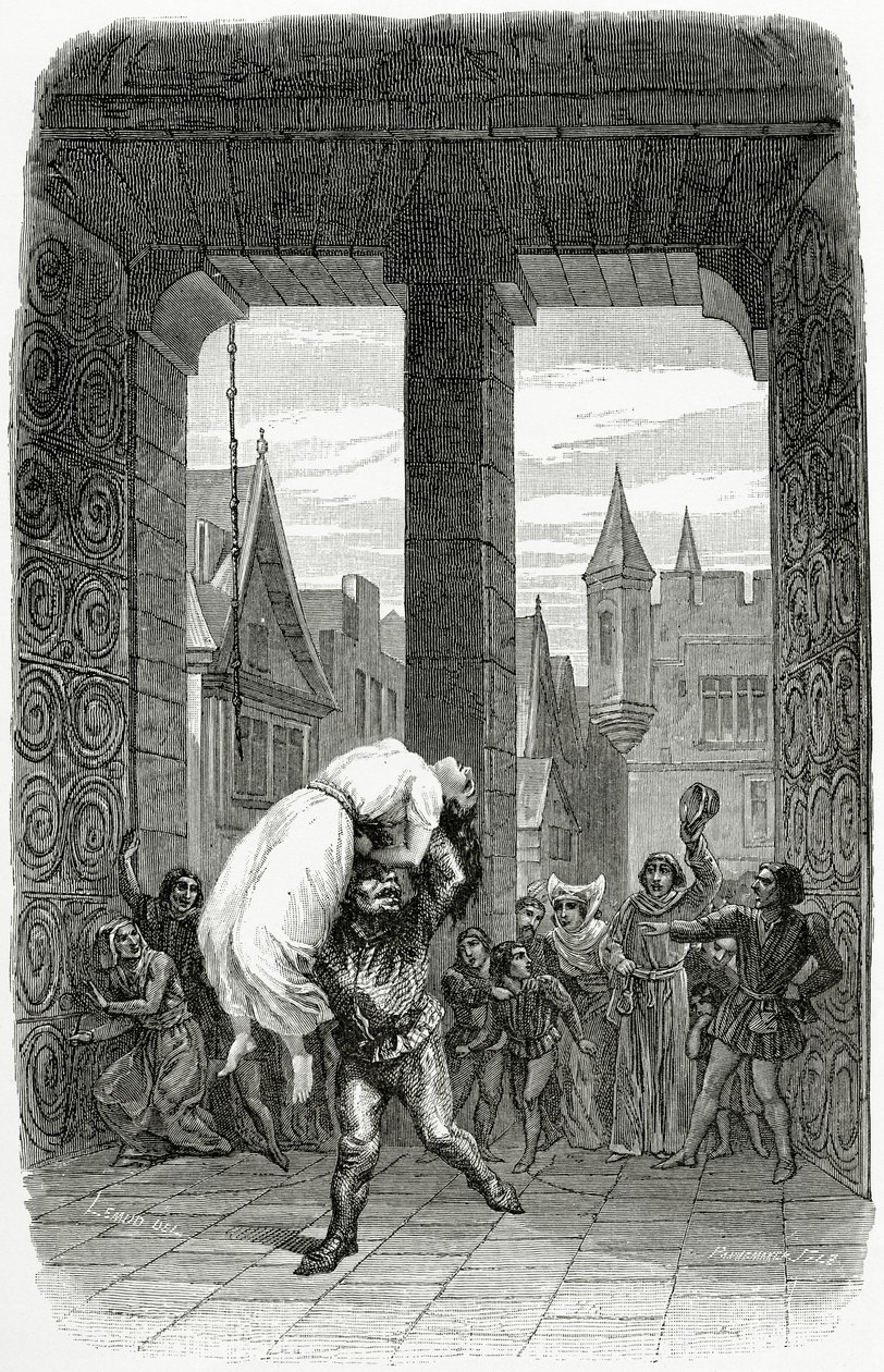 Quasimodo salva Esmeralda de execução - ilustração da Notre Dame de Paris, século XIX (gravura de bw) de Charles Alexandre Lesueur