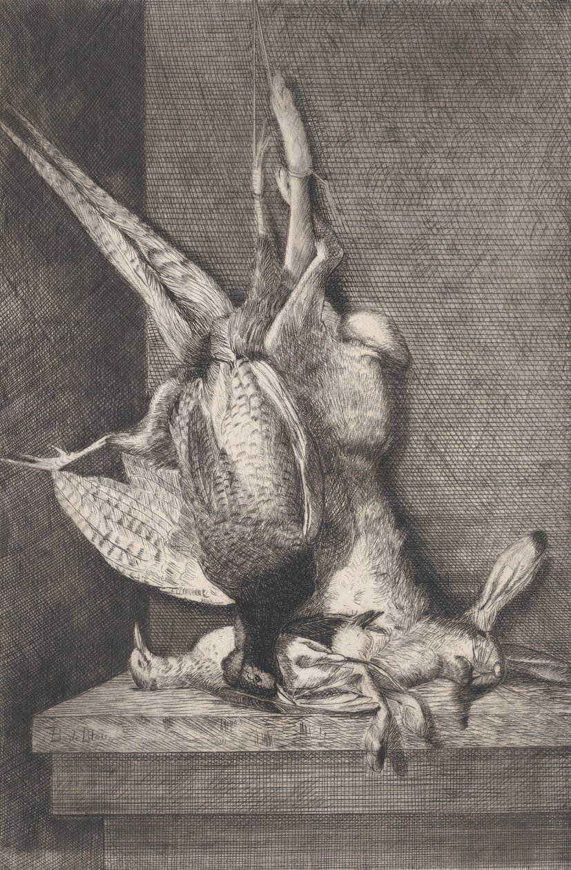 Troféu de caça com aves de caça e coelho, 1850-1900. de Charles Alphonse Deblois