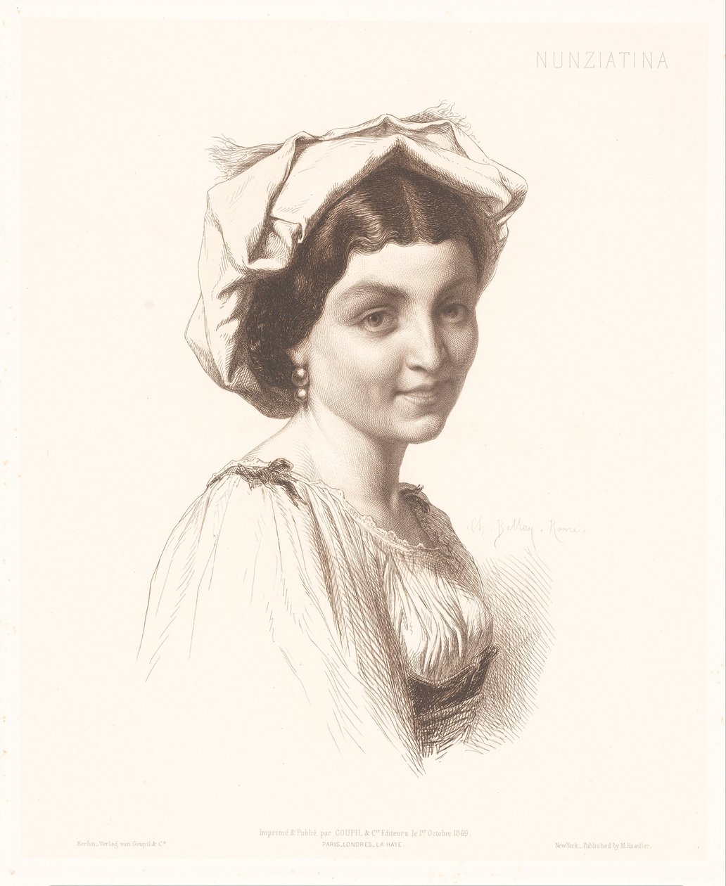 Retrato de uma mulher italiana Nunziatina (título no objeto) Retratos de mulheres italianas (título da série) de Charles Alphonse Paul Bellay