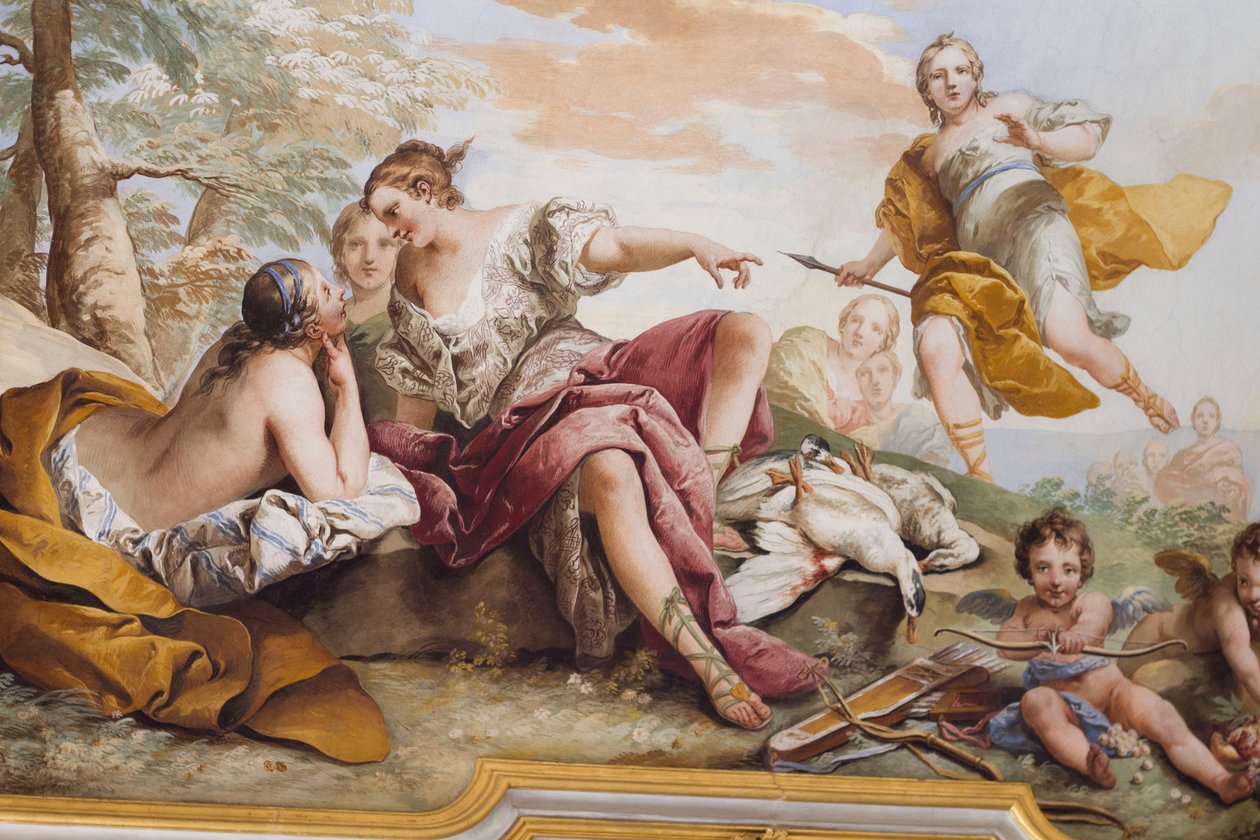 O resto de Diana entre as Ninfas (Il riposo di Diana tra le Ninfe), por Charles-Andre van Loo (1705-1765), fresco, tecto abobadado do quarto, apartamento da rainha, Stupinigi, Piemonte, Itália de Charles André van Loo