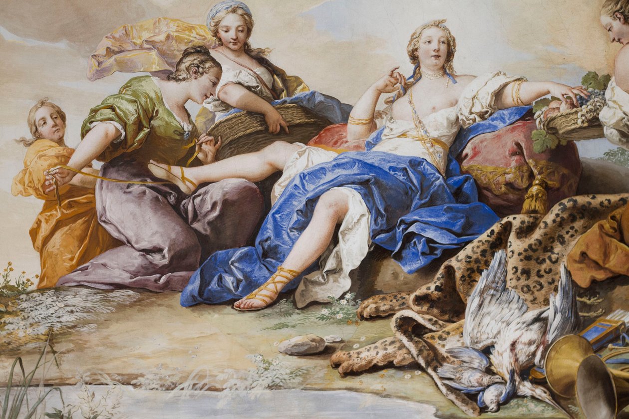 O resto de Diana entre as Ninfas (Il riposo di Diana tra le Ninfe), por Charles-Andre van Loo (1705-1765), fresco, tecto abobadado do quarto, apartamento da rainha, residência de caça, por Filippo Juvarra (1678-1736), Stupinigi, Piemonte, Itália de Charles André van Loo