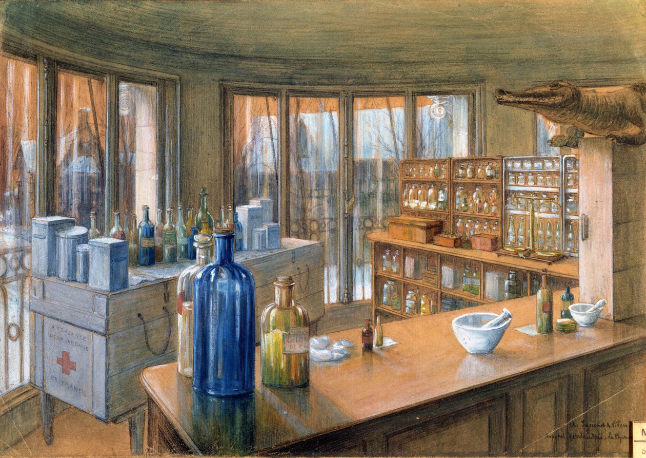 A Farmácia do Hospital Militar Holandês em Paris, 1917 (lápis e giz sobre papel) de Charles Andre Igounet de Villers