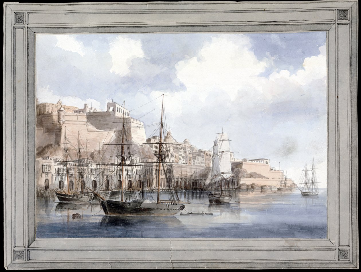 Vista em Malta (o grande porto de Valletta com o Forte Sant Angelo) - Pintura de Charles Andrew Dyce (1816-1853), aguarela sobre papel (25,1x34,9 cm), cerca de 1849 - Universidade de Yale (EUA) de Charles Andrew Dyce