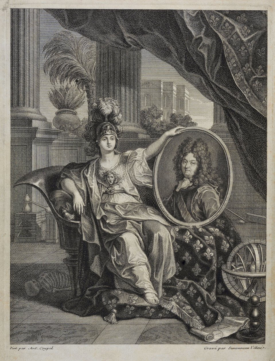 Luís XIV (1638-1715), Rei de França, Protector das Ciências - gravura de Antoine Coypel em "História da Real Academia das Ciências" 1703 de Charles Antoine (after) Coypel