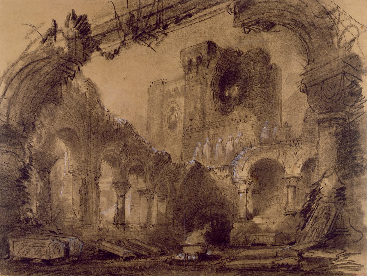 Ruínas, cenografia para uma performance de &39;Macbeth&39; de Giuseppe Verdi (1813-1901) no Teatro Lyrique, Chatelet, Paris, 1865 (carvão e giz branco sobre papel) de Charles Antoine Cambon