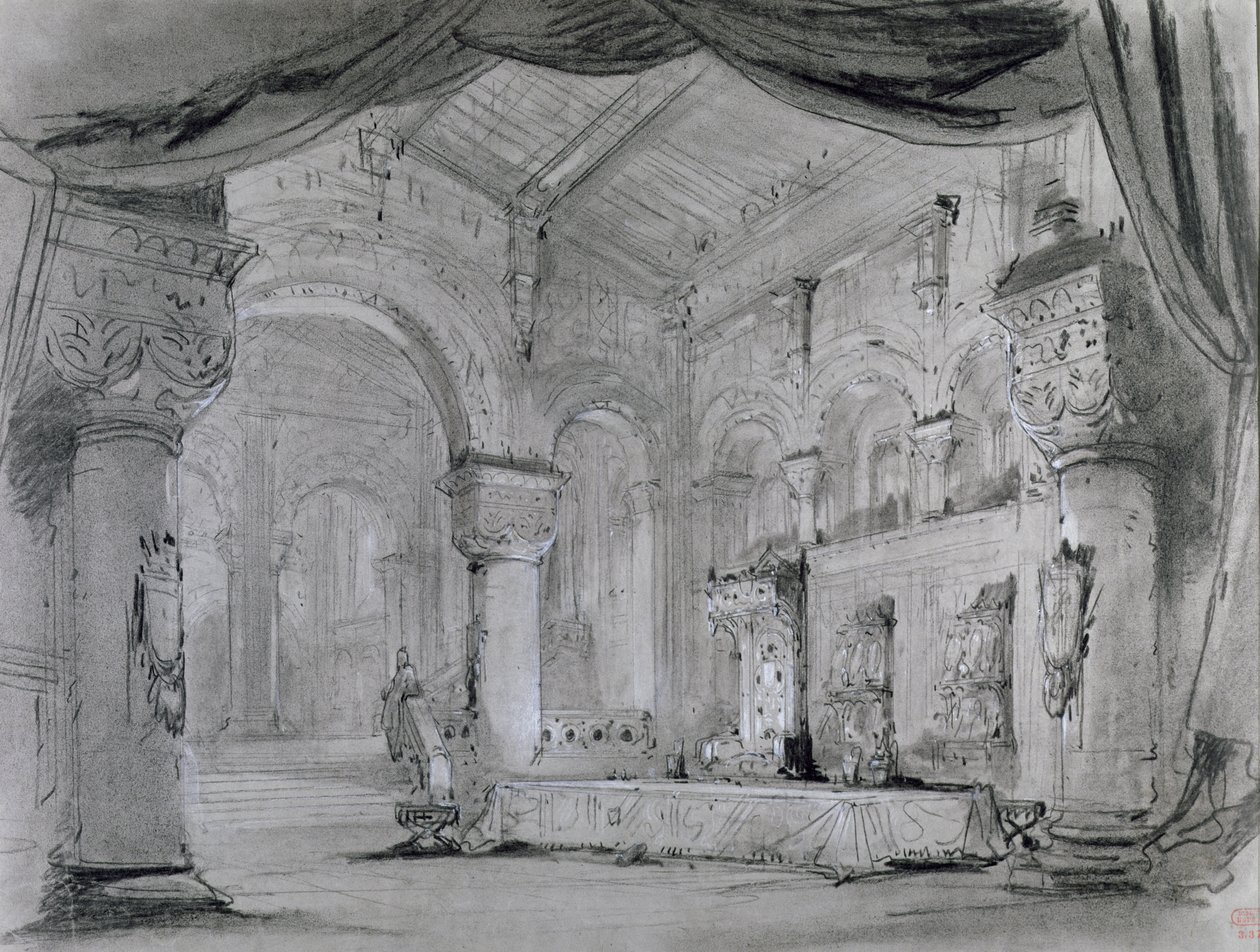 Cenografia do interior do palácio para apresentação da ópera &39;Macbeth&39; de Giuseppe Verdi (1813-1901) no Teatro Lyrique, Chatelet, 1865 (carvão e giz branco sobre papel) de Charles Antoine Cambon