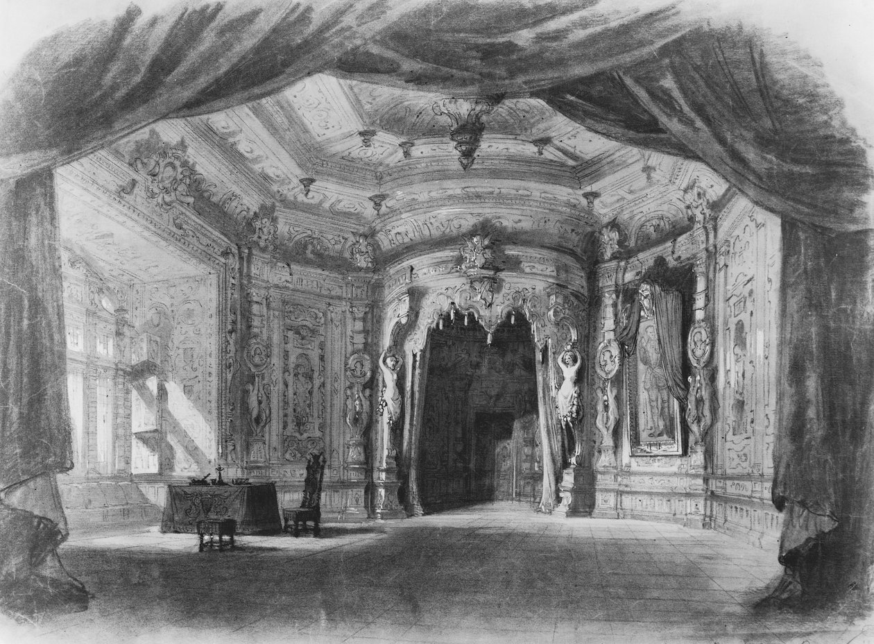 Cenário de Don Giovanni, ópera de Wolfgang Amadeus Mozart (1756-91) (wc on paper) de Charles Antoine Cambon