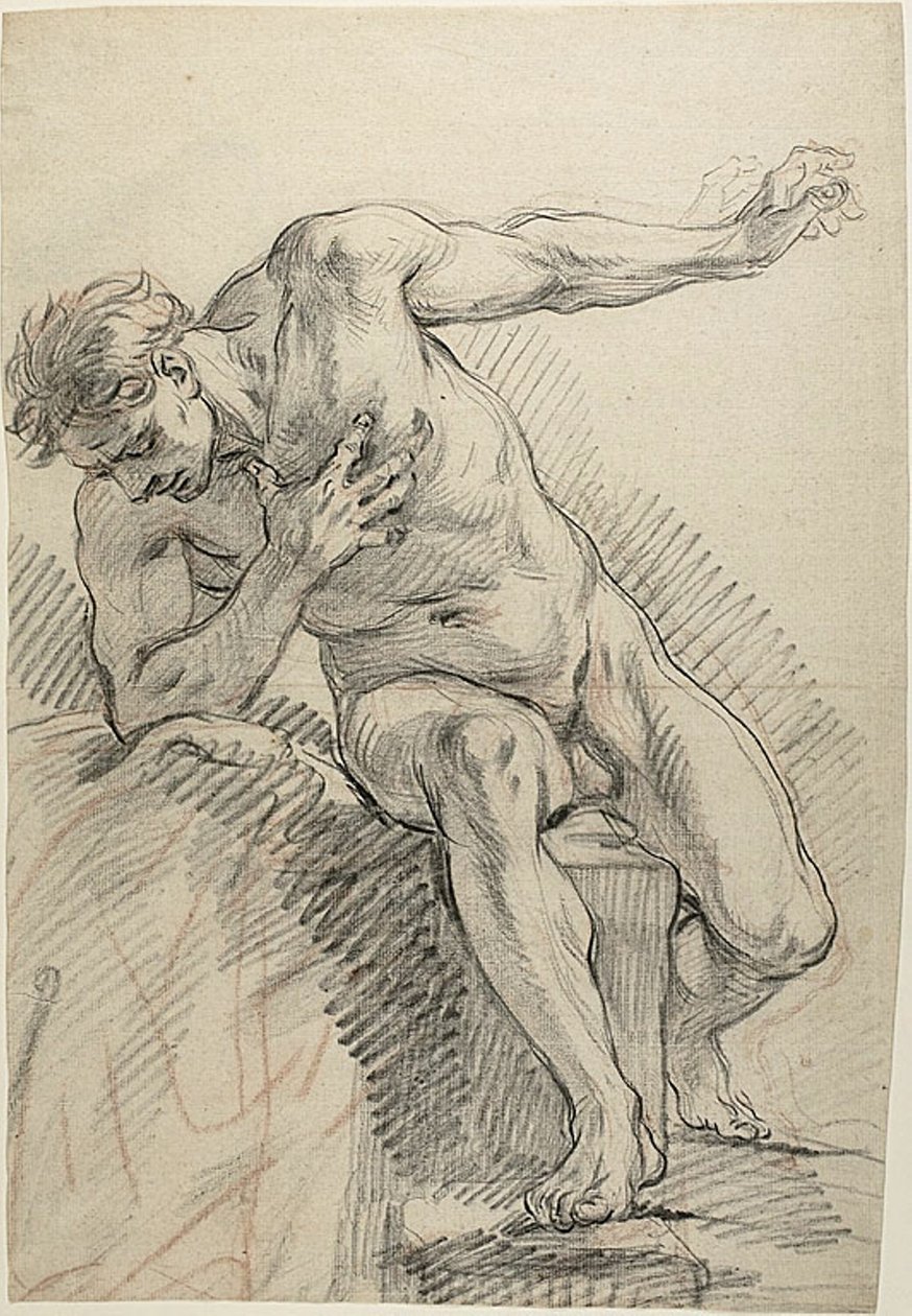 Esboço de um nu masculino apoiado no cotovelo direito (reto) de Charles Antoine Coypel