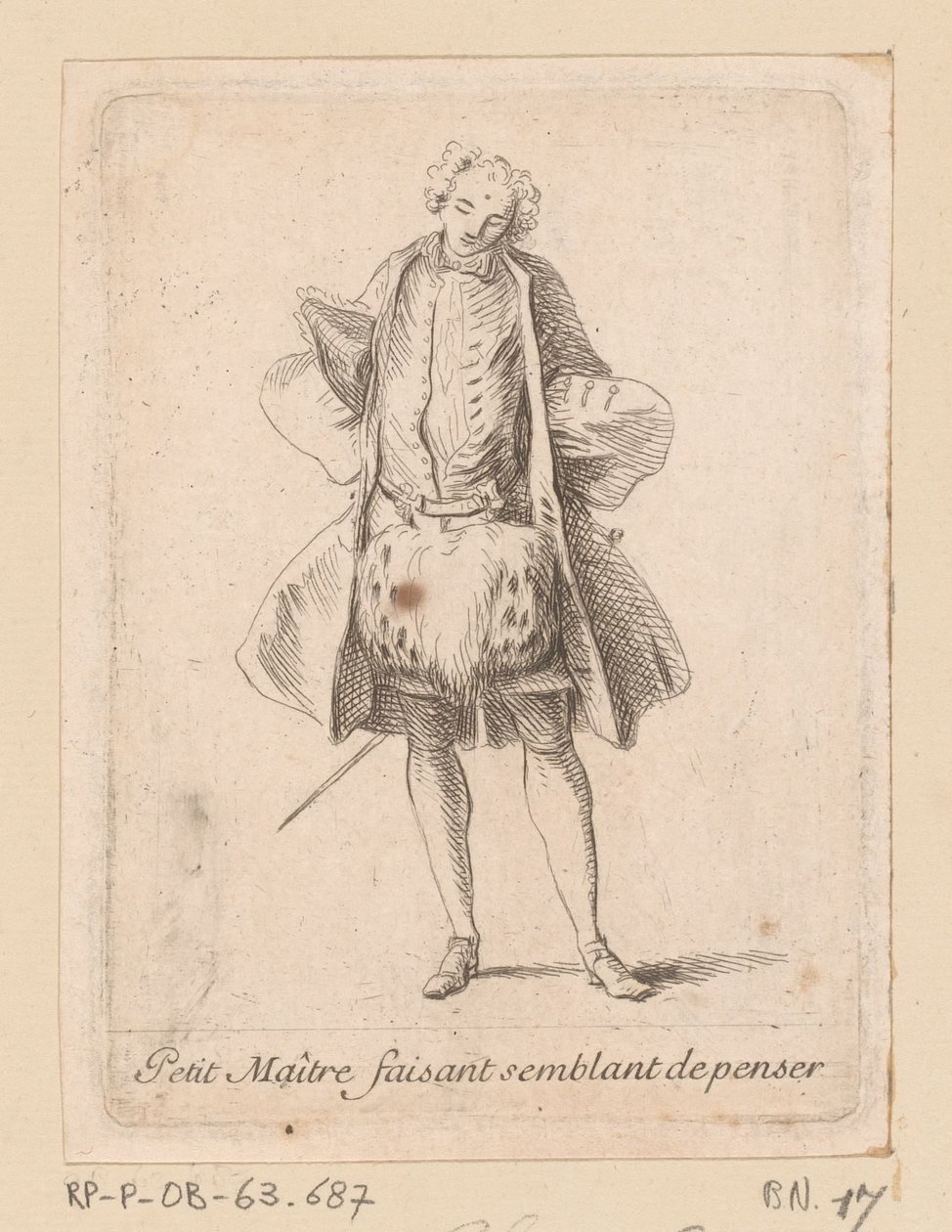 Fidalgo de pé visto de frente
Petit Maître faisant semblant de penser (título sobre o objecto)
Figures de modes (título da série) de Charles Antoine Coypel