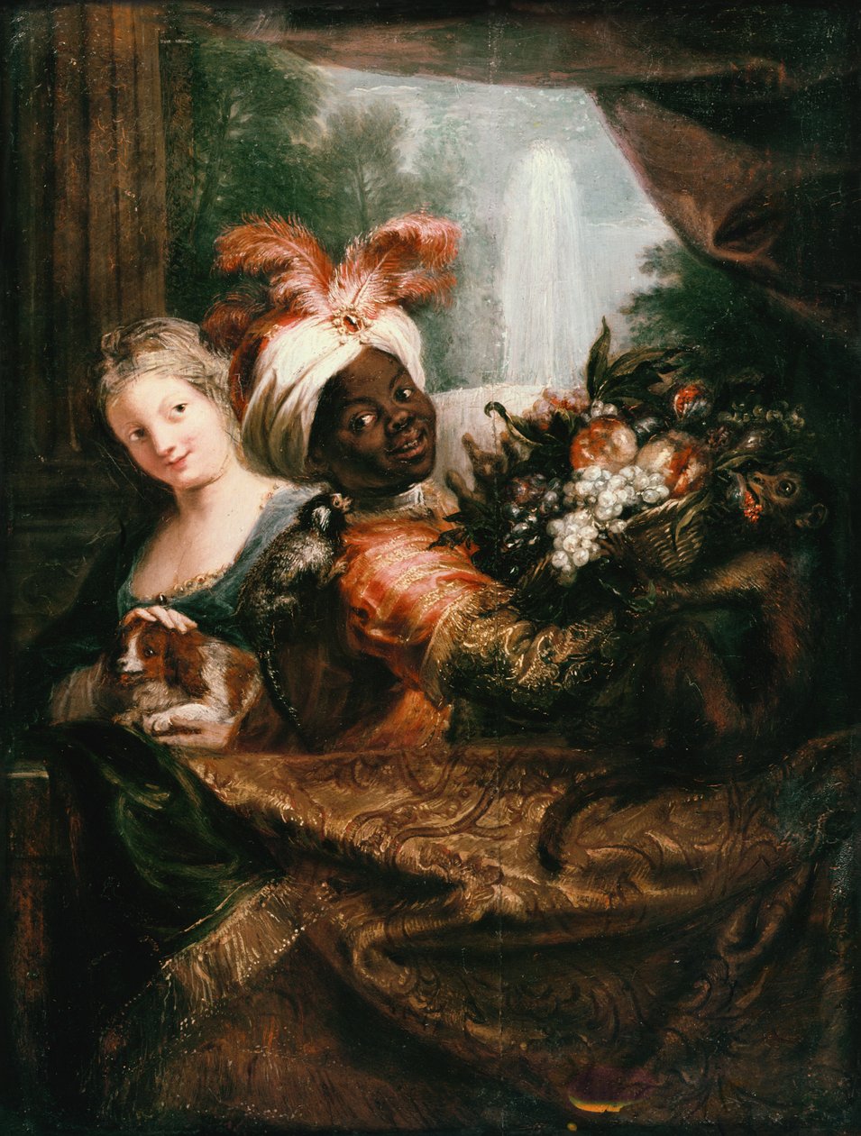 Jovem negro segurando uma cesta de frutas e uma jovem garota acariciando um cão de Charles Antoine Coypel