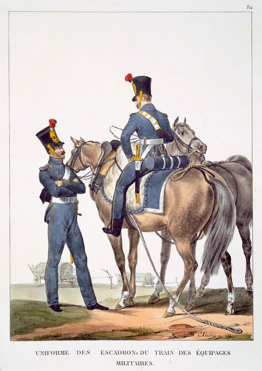 Uniforme dos esquadrões do trem das tripulações militares, de "coleção dos uniformes do exército francês" por Marechal Duc de Bellune, bar. C. Motte, Paris, 1823 de Charles Aubry