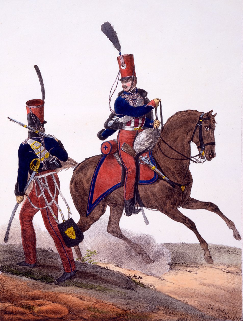 Uniformes do 5º Regimento de Hussardos, da Colecção de Uniformes de l&39;Armée Francaise, publicada em 1823 (litho colorido à mão) de Charles Aubry