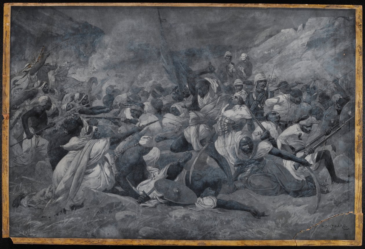 A derrota do Exército Egípcio sob Hicks Pasha pelas forças do Mahdi Muhummad Ahmad em El Obeid, 5 de Novembro de 1883 (aguarela em grisaille) de Charles Auguste Loye