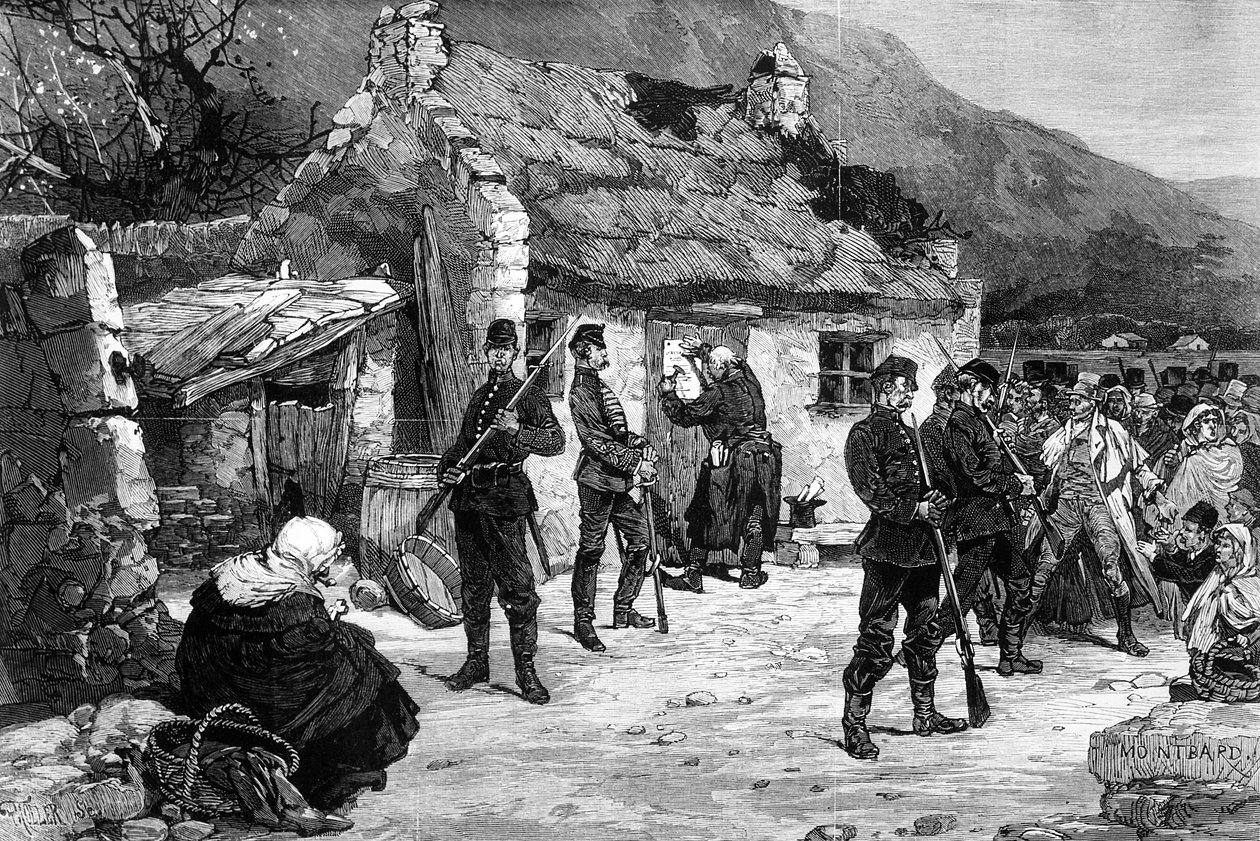 Despejo de um fazendeiro irlandês pela polícia inglesa, impressão feita por F. Moller, de &39;Le Monde Illustré&39;, 1880 de Charles Auguste Loye